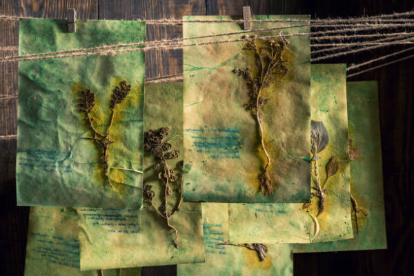 Odd herbal laboratory with dried herbs and flowers in wooden hut